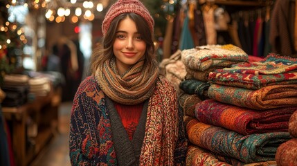 Fototapeta premium Cozy winter fashion in a charming shop with colorful knitwear