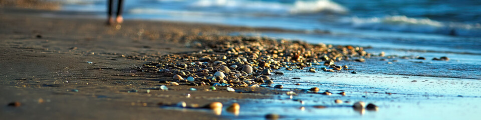 Obraz premium A lone figure on the shore, carefully searching through the tide line for seashells, sea glass, and other natural treasures.