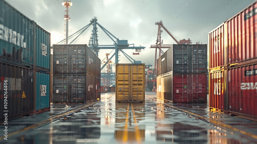 Poster shipping containers arranged side by side on a dock at a maritime port, with the size differences be