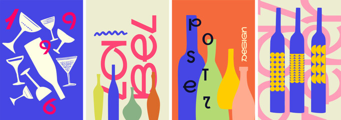 A bold, colorful set of creative wine posters with abstract illustrations and retro-inspired typography, perfect for menus, banners, and wine events.