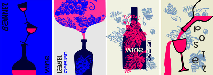 A striking set of wine posters featuring bold colors, intricate grapevine patterns, and modern typography, ideal for banners, labels, and creative events.