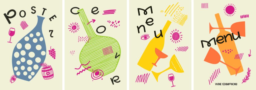 A vibrant set of creative wine-themed posters showcasing minimalist vector designs with trendy graphics, colorful patterns, and retro-inspired layouts.