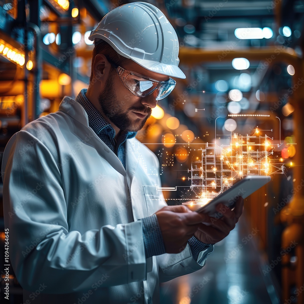Poster engineer or technician in professional attire holding a glowing tablet or blueprint that seems to il