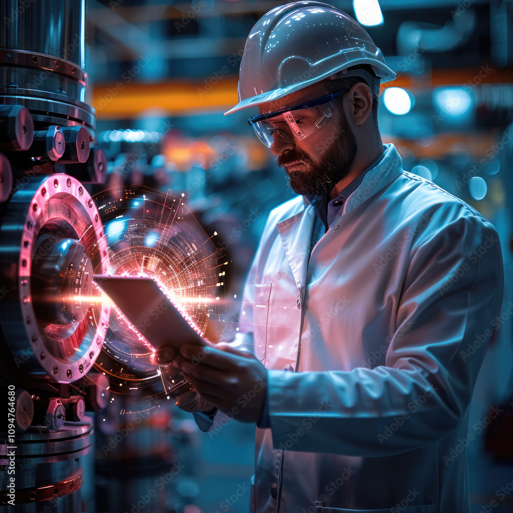 Poster engineer or technician in professional attire holding a glowing tablet or blueprint that seems to il