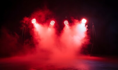  Free stage with lights and smoke, Empty stage with red spotlights, conser, show, party, Presentation concept. Red spotlight strike on black background 