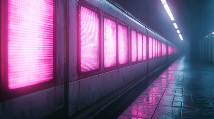 Neon Pink Train at Night Station in the Rain