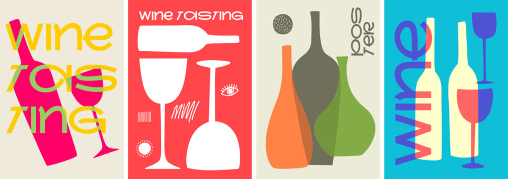 A playful set of wine posters with bright colors, modern typography, and abstract bottle and glass illustrations, perfect for wine tasting events and branding.