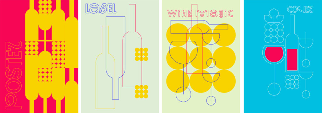 A modern and vibrant set of wine posters showcasing minimalist patterns, bottles, glasses, and creative typography, ideal for menus, banners, and wine events.