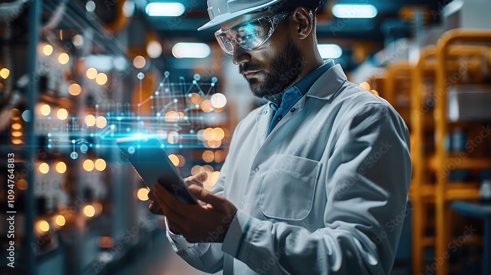 Aufkleber Engineer or technician in professional attire holding a glowing tablet or blueprint that seems to illuminate the surroundings, symbolizing innovation and opportunity. The background features clean.