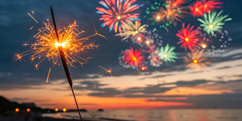 A glittering, burning sparkler against a dark background, creating a vibrant and dazzling display of light.
