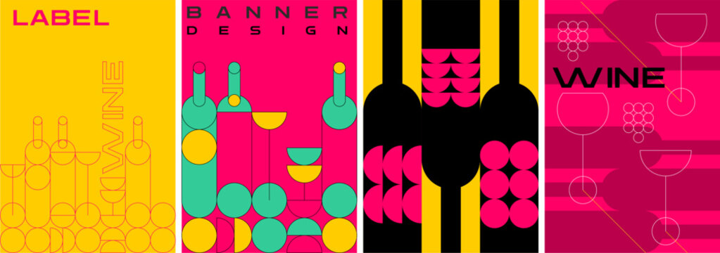 A bold and vibrant set of wine posters featuring geometric designs, abstract patterns, and modern typography, ideal for labels, banners, and wine events.