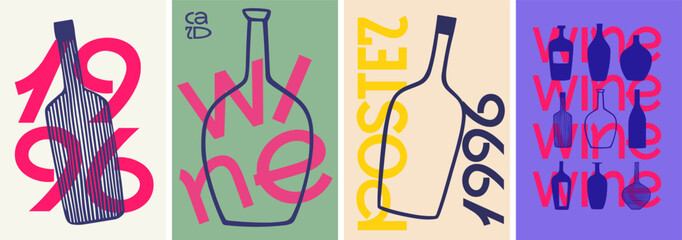 A sleek and modern set of wine posters featuring bold typography, abstract bottle shapes, and retro-inspired designs, ideal for creative branding and events.