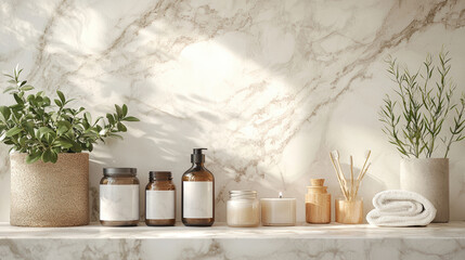 serene bathroom shelf featuring various skincare products, candles, and plants, all set against beautiful marble backdrop. arrangement creates calming atmosphere