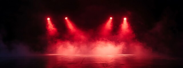  Free stage with lights and smoke, Empty stage with red spotlights, conser, show, party, Presentation concept. Red spotlight strike on black background 