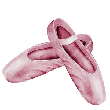 recommend clip art: Pointe shoes watercolor. Hand drawn pink ballerina ballet flats postcard on isolated white background. Clip art of elegant satin ballet shoes with space for name inscription. Ideal card for ballet and