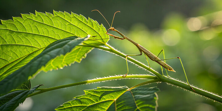 A stick insect camouflaged on a vibrant green leaf, blending seamlessly with its surroundings in a lush natural environment.