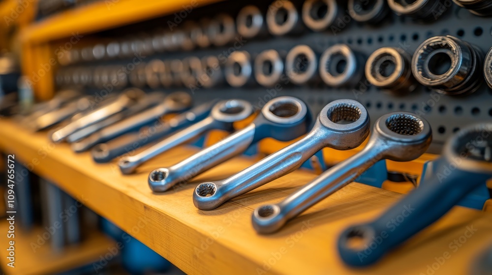 Poster closeup of wrenches and socket sets displayed on a wooden shelf
