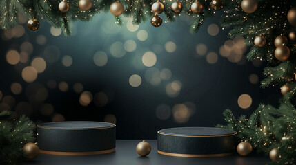 Two podiums with dark green Christmas tree branches and golden ornaments against a background of black bokeh. Christmas mockup banner