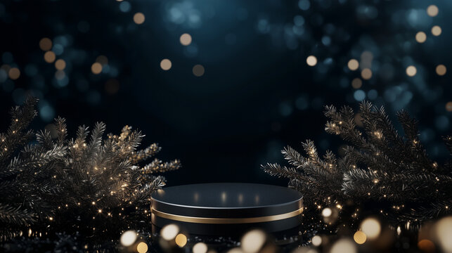 Christmas banner with black round pedestal in the center of the frame, surrounded by small pine branches. Christmas mockup for luxury product display or beauty events.