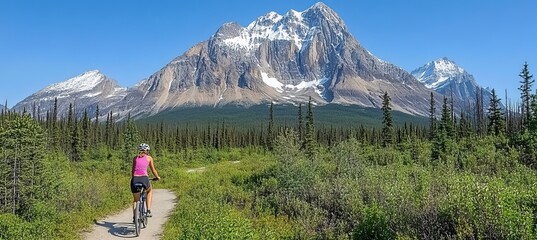 Fototapeta premium Woman Explores Wilderness On Bicycle, Majestic Peaks And Lush Forests Frame Her Journey.