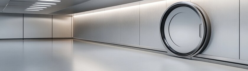 A modern, minimalist room featuring a large circular doorway, characterized by sleek lines and neutral tones.