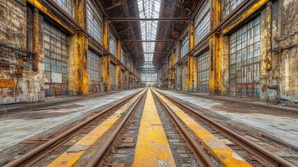 Obraz premium Abandoned Industrial Railroad Tracks in a Ruined Building