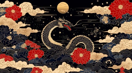 Majestic dragon among vibrant flowers and clouds in a night scene