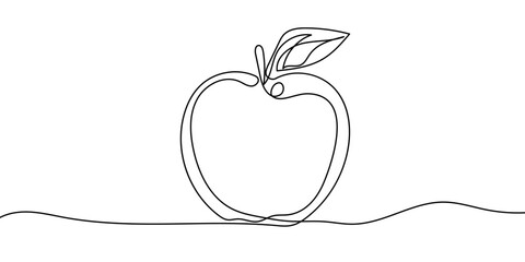 Apple with leaf continuous one line drawing, Black and white vector minimalist linear illustration made of single line