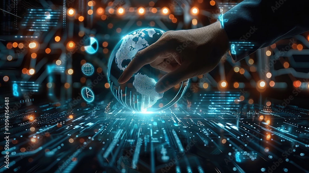 Poster businessman touching and analyzing data of economic growth graph and progress of business, global ne