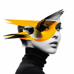 Obraz premium A minimalistic portrait of a woman in black turtleneck, adorned with birds in flight, emphasizing grace and simplicity.