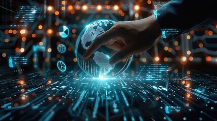 Businessman touching and analyzing data of economic growth graph and progress of business, global network of business, investment, strategy and planning, Business development to success.