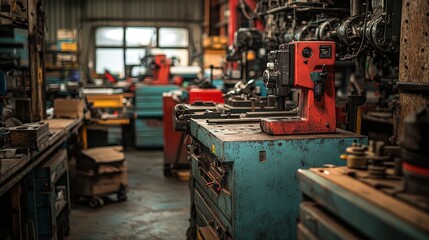 A cluttered workshop with tools and machinery