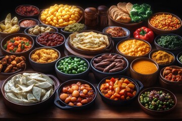 Fototapeta premium A vibrant feast A large communal table overflowing with colorful dishes, symbolizing abundance, blessings, and the unifying power of shared meals This image showcases a diverse array of culinary