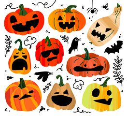 Set of carved pumpkins. Halloween. Cute vegetables. Vector illustration
