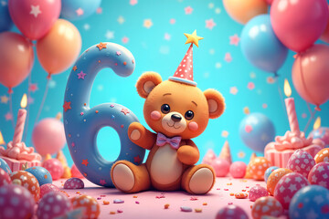 Obraz premium 6th birthday card. Cute, brown teddy bear sitting on a pink surface with balloons and candles around it, celebrating its sixth birthday.