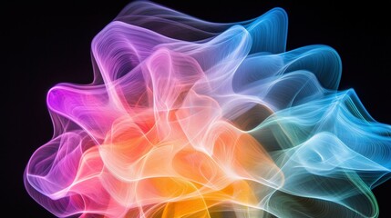 Obraz premium A colorful, abstract wave of light and shapes, blending vibrant hues in a fluid, mesmerizing design against a dark background.