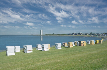 Beach with Beach chairs in Büsum,North Sea,North Frisia,Schleswig-Holstein,Germany