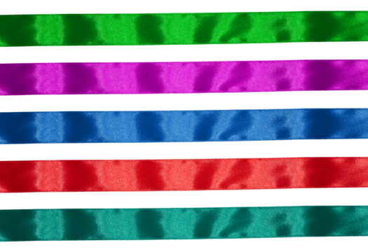 Blue, purple, green and red textile silk ribbon isolated on white background. Decor for packaging