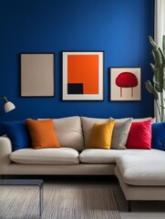 Modern living room with beige sectional sofa and colorful artwork