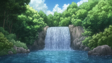 Naklejka premium Serene Waterfall in Lush Forest Landscape