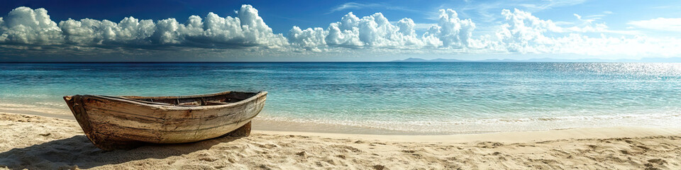 Obraz premium An empty sandy beach with a quaint little wooden boat resting on the shore.
