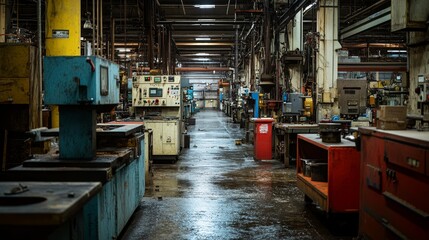 A long, narrow factory floor with industrial machinery and a wet floor