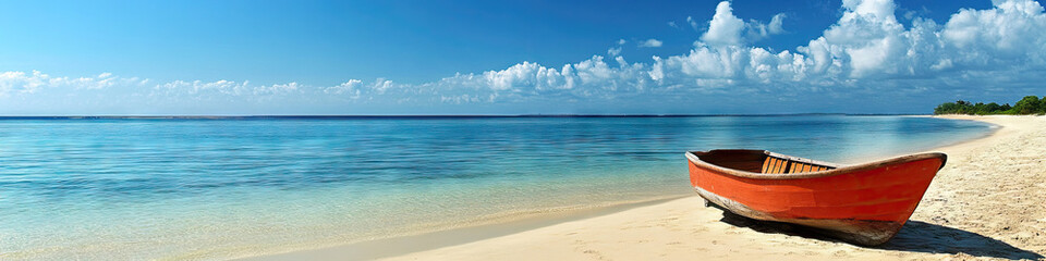 Naklejka premium An empty sandy beach with a quaint little wooden boat resting on the shore.