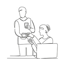 One continuous single drawing line art flat doodle people at work drinking coffee, takeaway coffee, pick-me-up drink, coffee break. Isolated image hand draw contour on a white background, hand drawn, 