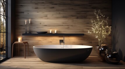 Elegant modern bathroom with an elliptical bathtub and wood-lined walls. Minimalist design emphasizes natural tones and relaxation.