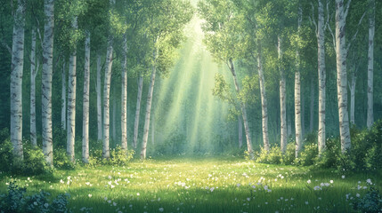 Sunlit Birch Forest Meadow