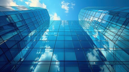 Obraz premium A modern glass building reflecting the sky and clouds, showcasing contemporary architecture.