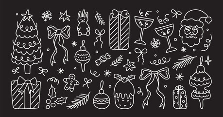 Set of hand drawn Christmas doodles. Simple holiday icons. Christmas tree, Santa Claus, gifts, bows, stars, Christmas tree toys, cocktails in glasses, snowflakes.