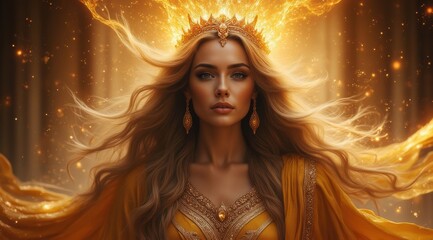 Radiant woman in golden attire with majestic aura