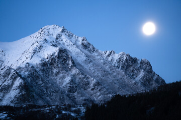 A breathtaking snowy mountain landscape illuminated beautifully under the moonlight sky